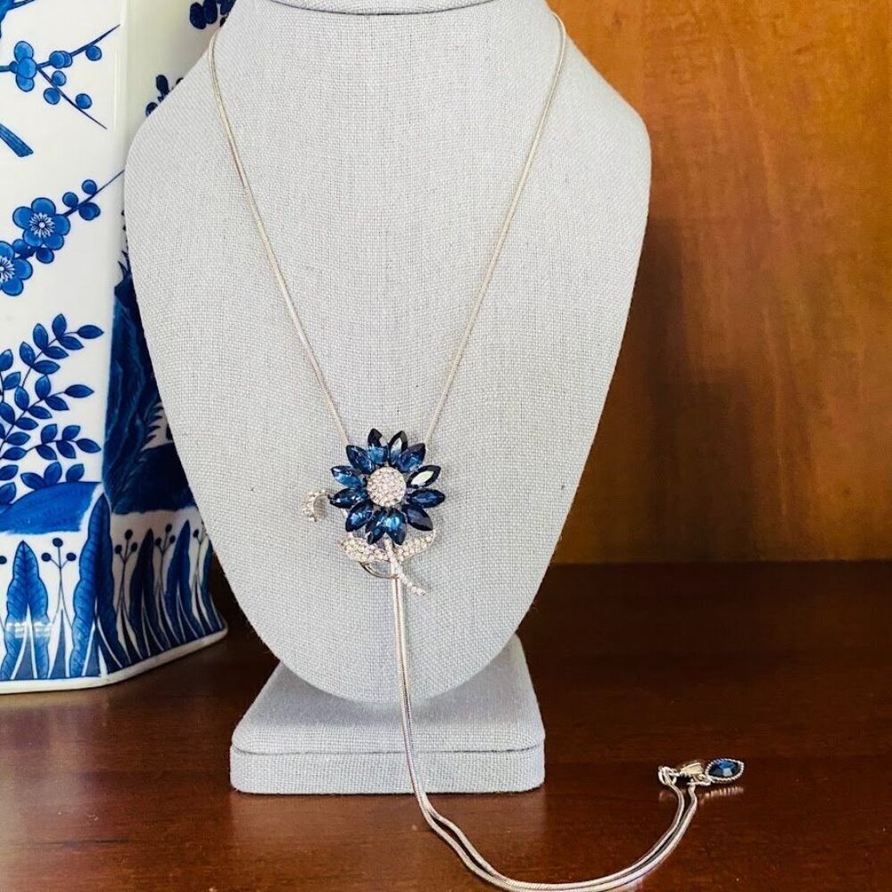 Bling Queen CZ Simulated Sapphire Sunflower Sliding Pendant Necklace - Picture 7 of 9